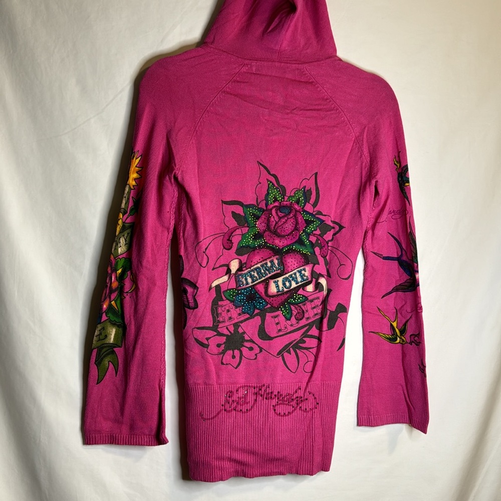 💖Eternal Love by Ed Hardy pink long sleeve hooded knit sweater Sz Small - Picture 7 of 15